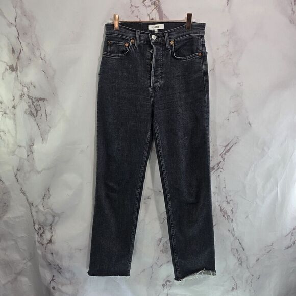 Levis Jeans Women 27 Black RE DONE 70s Stove Pipe Stoned Noir Straight Button - Picture 5 of 11